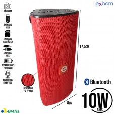 Caixa de Som Portátil 10W RMS Bluetooth/Rádio FM/SD/USB/Aux Revestido em Tecido Exbom CS-M33BT - Vermelha